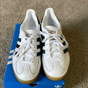 Adidas White Sneakers with Green and Black Stripes